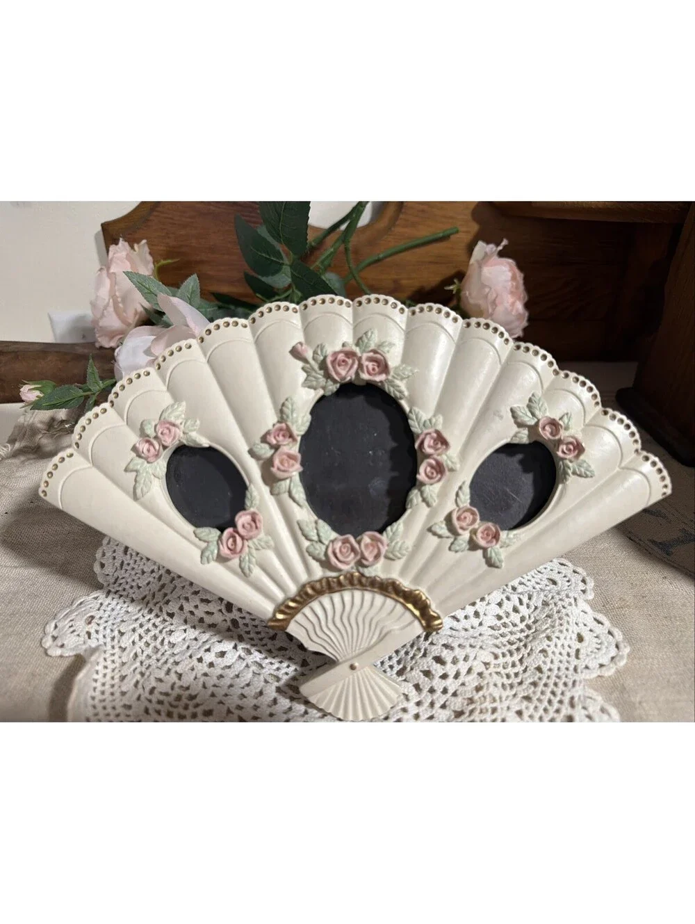 Vintage Victorian Style Picture Frame Womens Floral Fan Roses 3 Photos Cottage